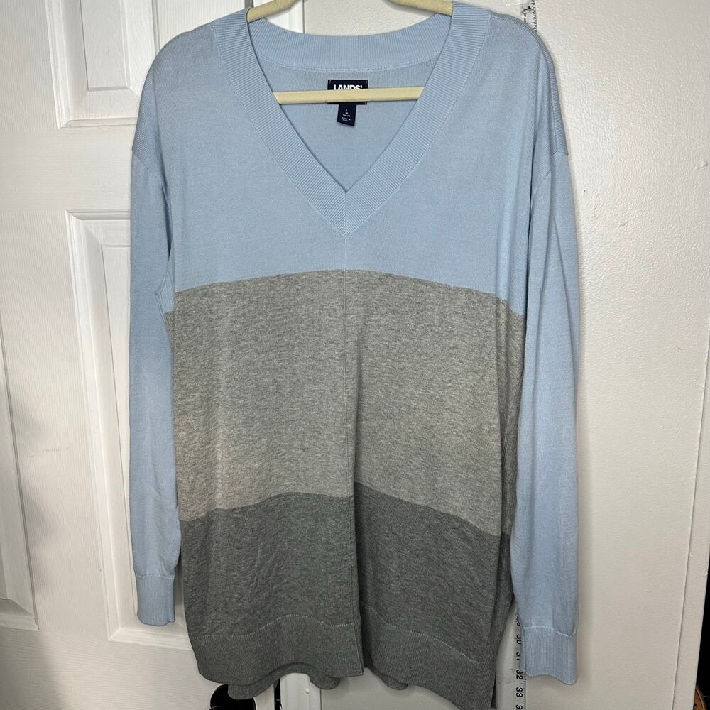 Lands End Sweater Large 14 16 Color block Blue Gray - Picture 5 of 13